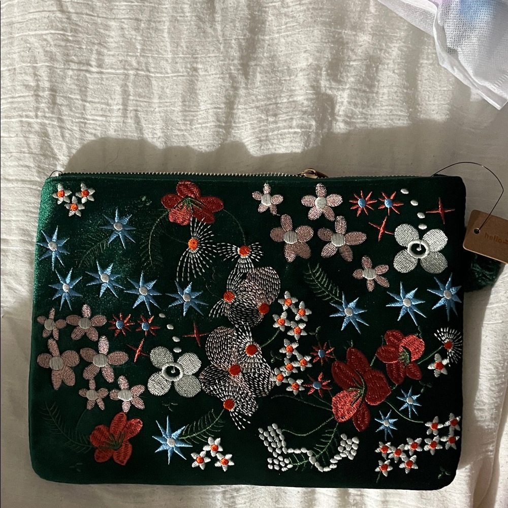 Embroidered Floral Green Clutch